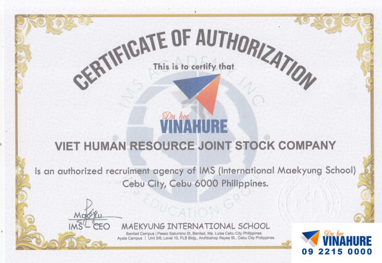 Vinahure vinh dự nhận chứng nhận đại diện tuyển sinh chính thức trường anh ngữ IMS Philippines