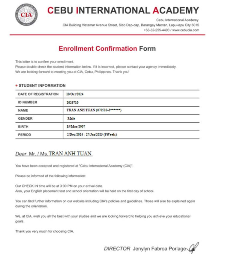 Chúc mừng bạn Trần Anh Tuấn đã nhận thư mời nhập học trường CIA Academy
