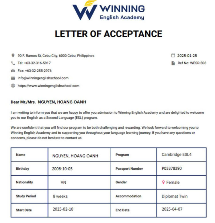 Chúc mừng bạn Nguyễn Hoàng Oanh đã nhận thư mời nhập học trường Winning English Academy
