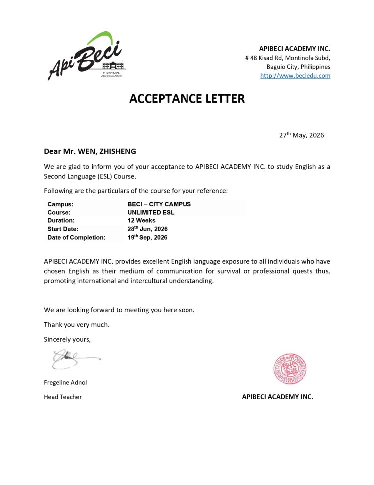 Thư mời nhập học Trường API BECI